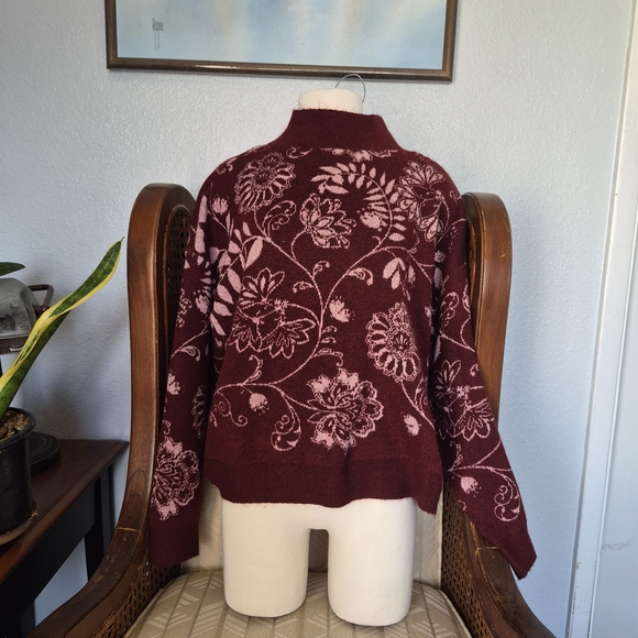 Kate & Sam Sweaters - Elegant Floral Women's Turtleneck Sweater - Burgundy and Pink